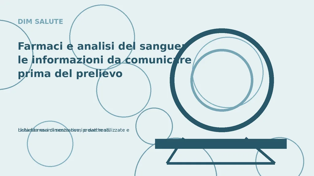 Lista farmaci dimostrativa, provette stilizzate e richiesta esami senza nomi o dati reali.