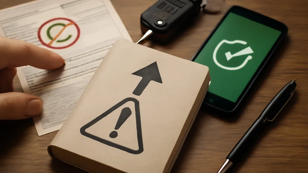 Promemoria di prenotazione sanitaria su smartphone accanto a una mappa generica e a una cartellina con documenti, nessun dato personale o testo leggibile, fotografia editoriale neutra.