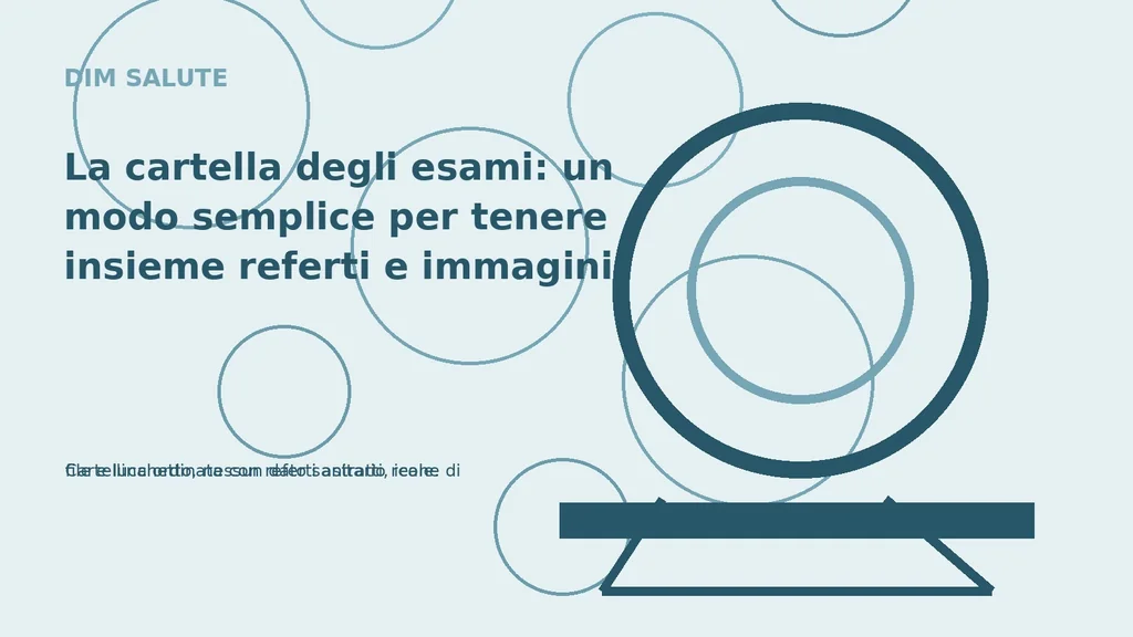 Cartellina ordinata con referti astratti, icone di file e lucchetto, nessun dato sanitario reale.