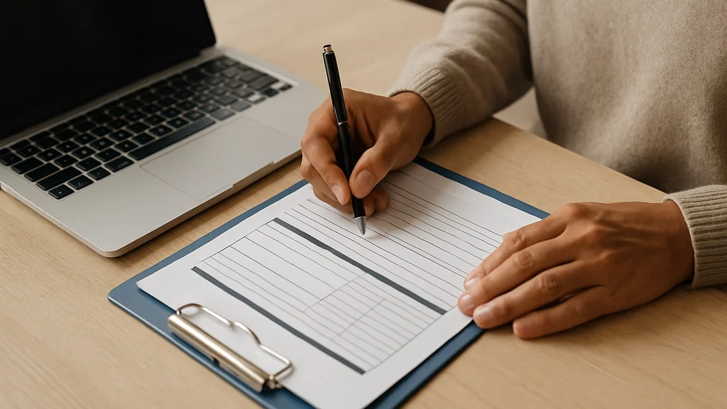Persona seduta a una scrivania che prende appunti su carta accanto a un laptop aperto