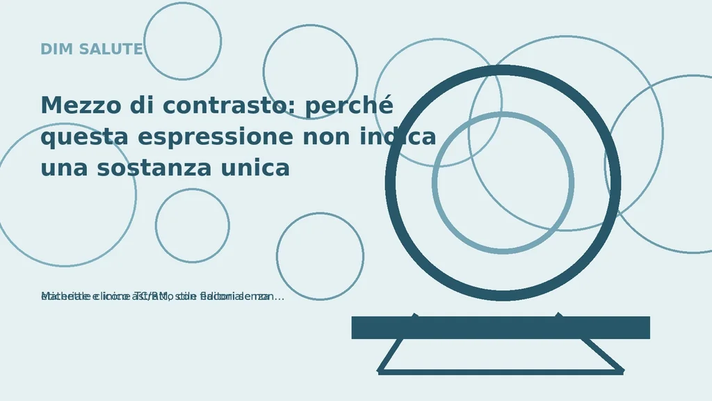 Materiale clinico astratto con flaconi senza etichette e icone TC/RM, stile editoriale non realistico.