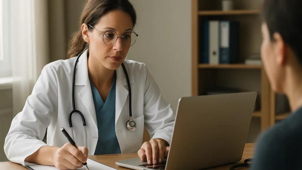 Professionista sanitaria al computer mentre prende appunti durante una consultazione